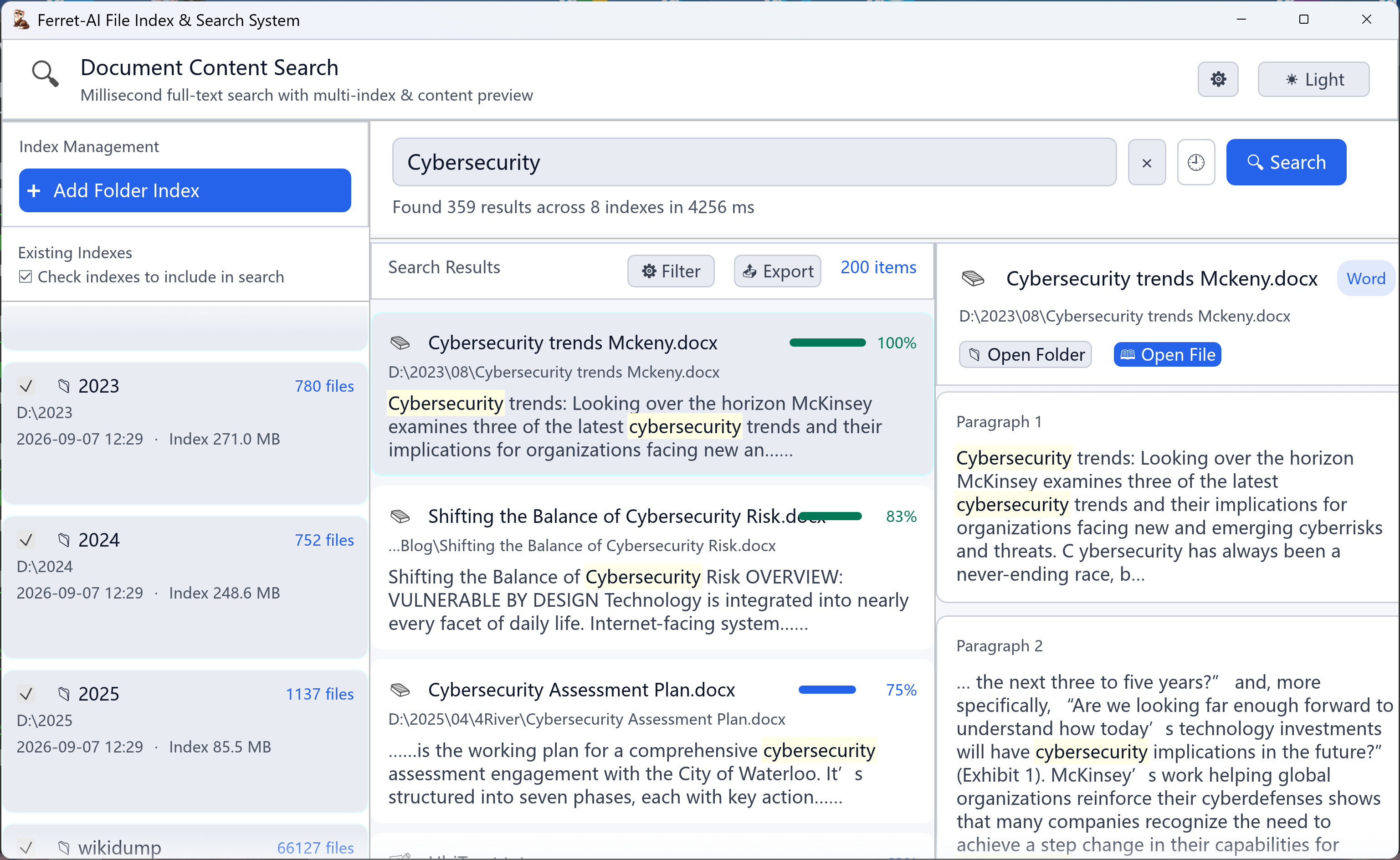 Ferret-AI live UI: index management on the left, search bar on top, highlighted hit details on the right